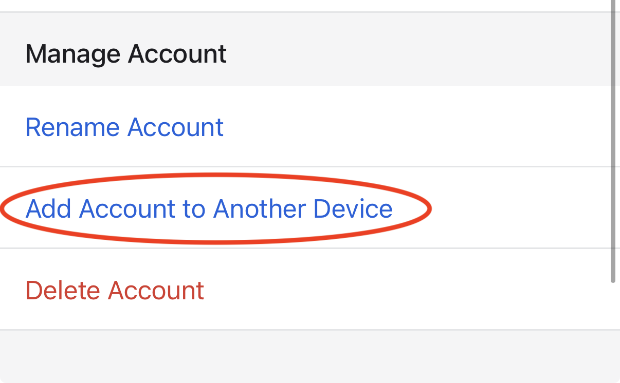Add Account to Another Device button