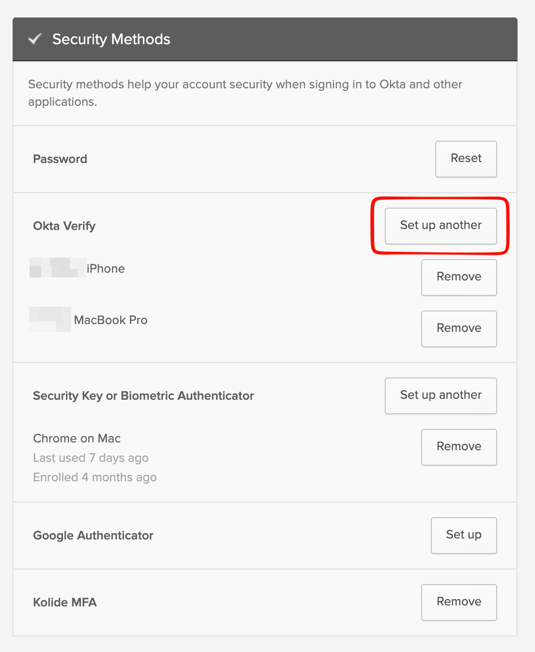 Security Methods section showing Set up another