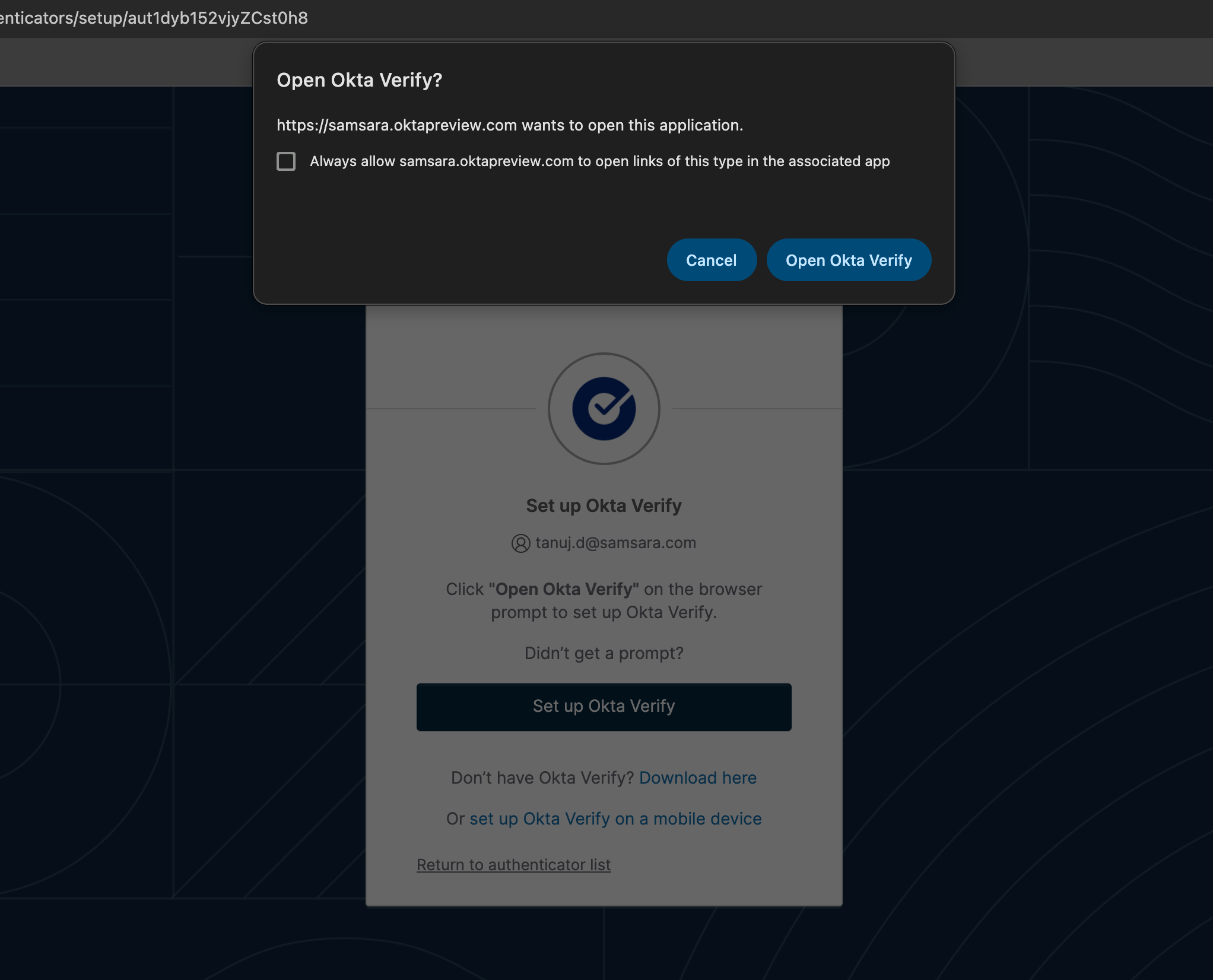Set up Okta Verify screen