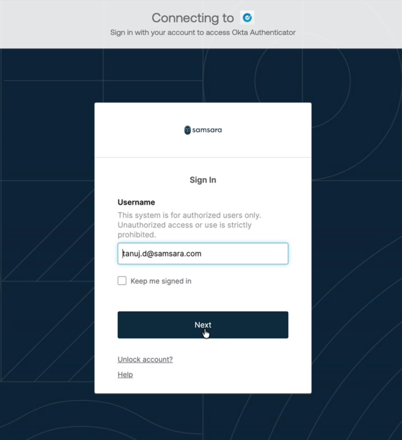Samsara sign-in page username field