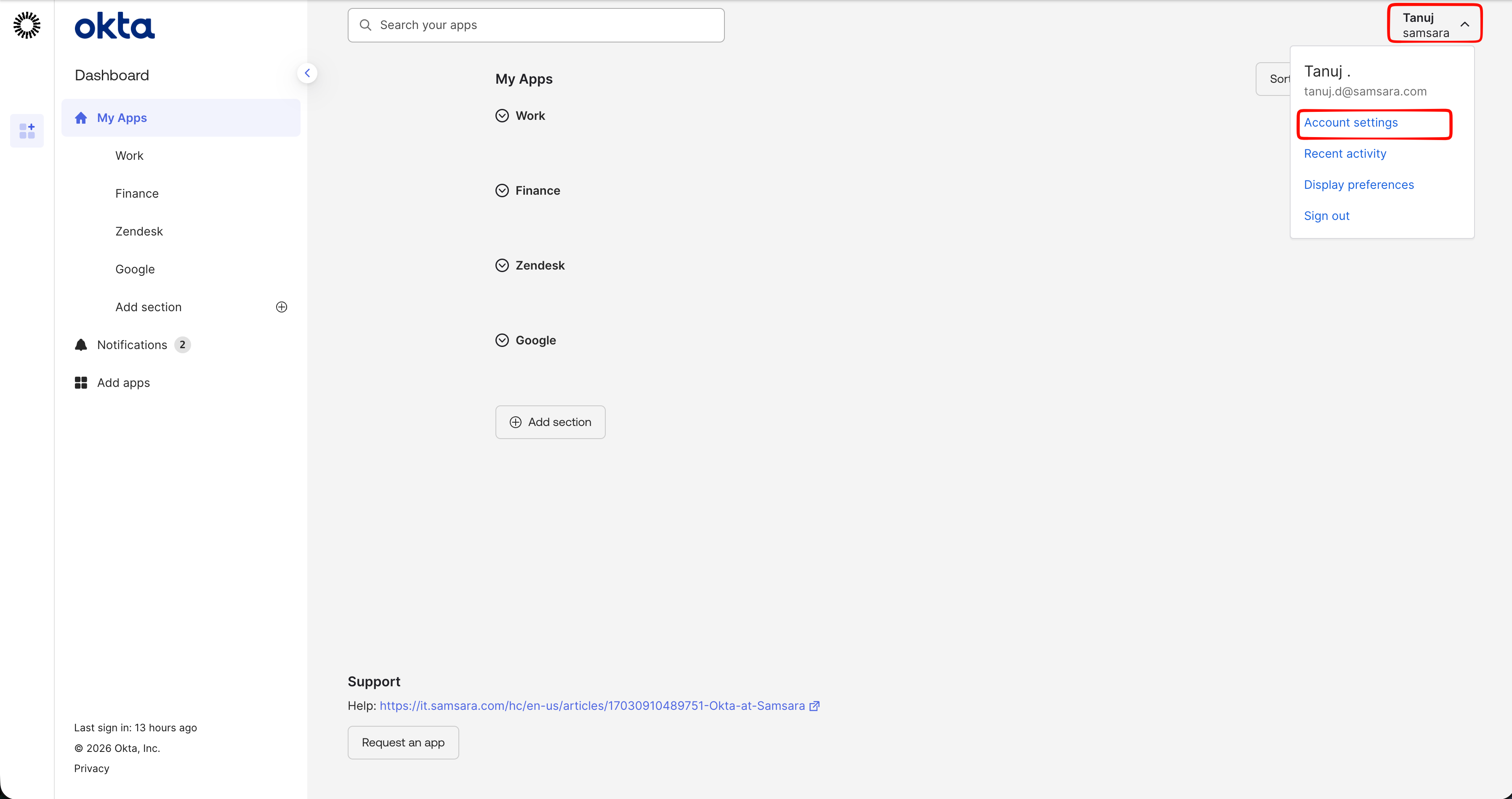 Account Settings menu