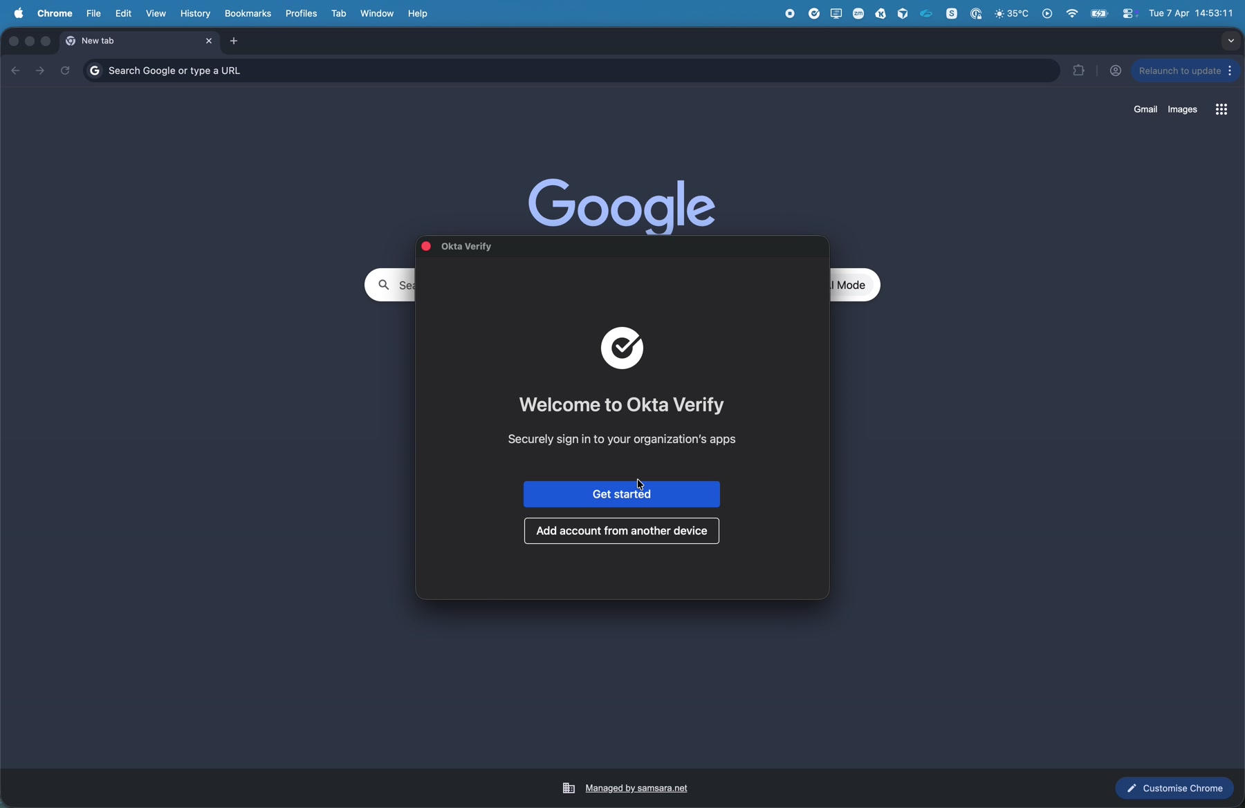Welcome to Okta Verify screen with Get started button