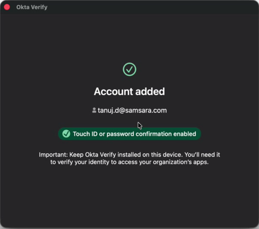 Account added confirmation screen